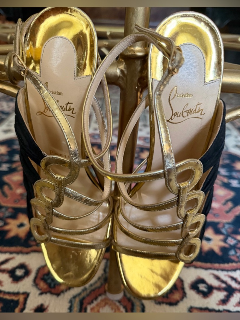 Christian Louboutin Gold and Black Suede Leather Tina Cage Strappy Heels - Picture 2 of 7